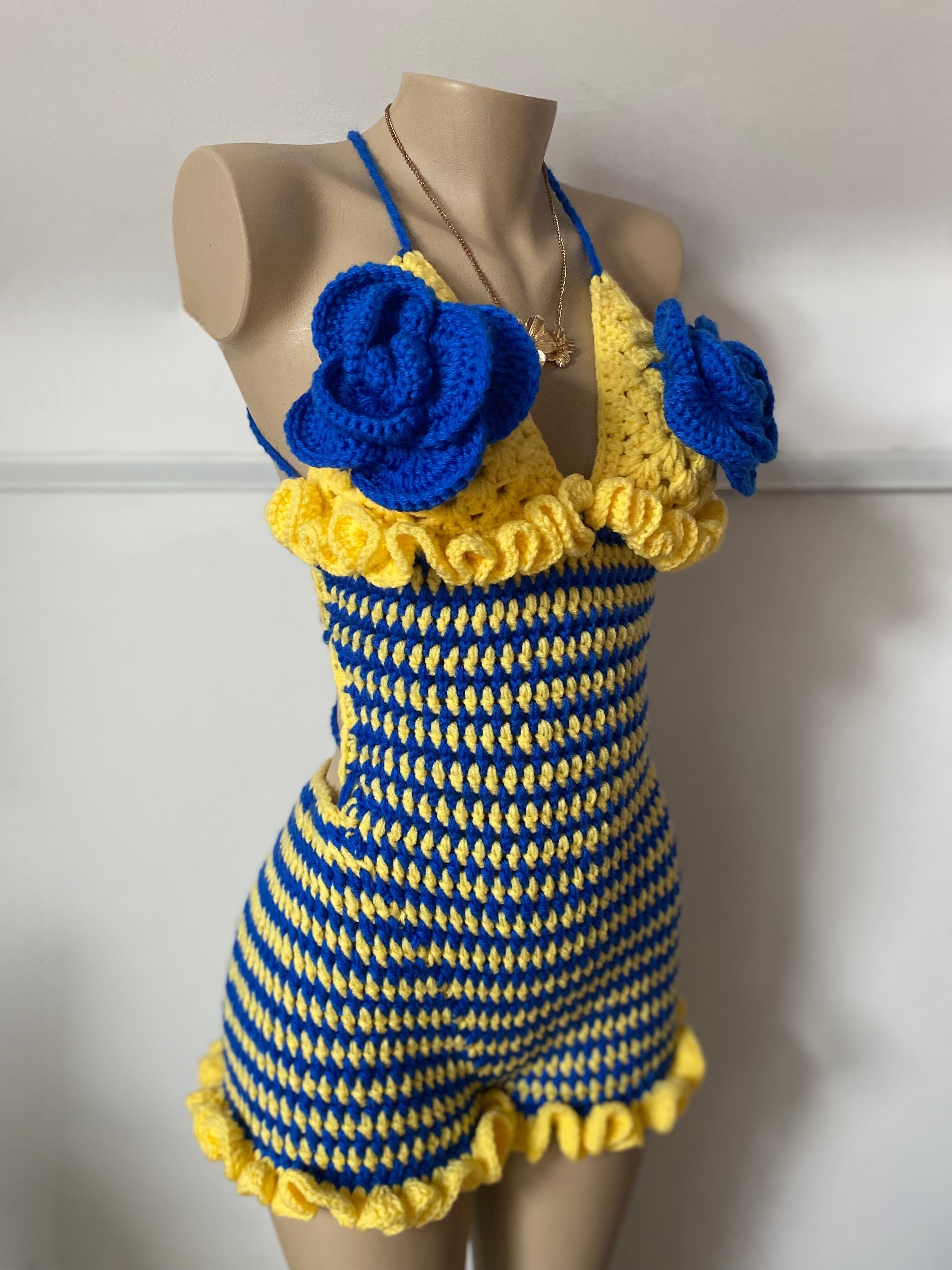Blue & Yellow Crochet Floral Summer Playsuit