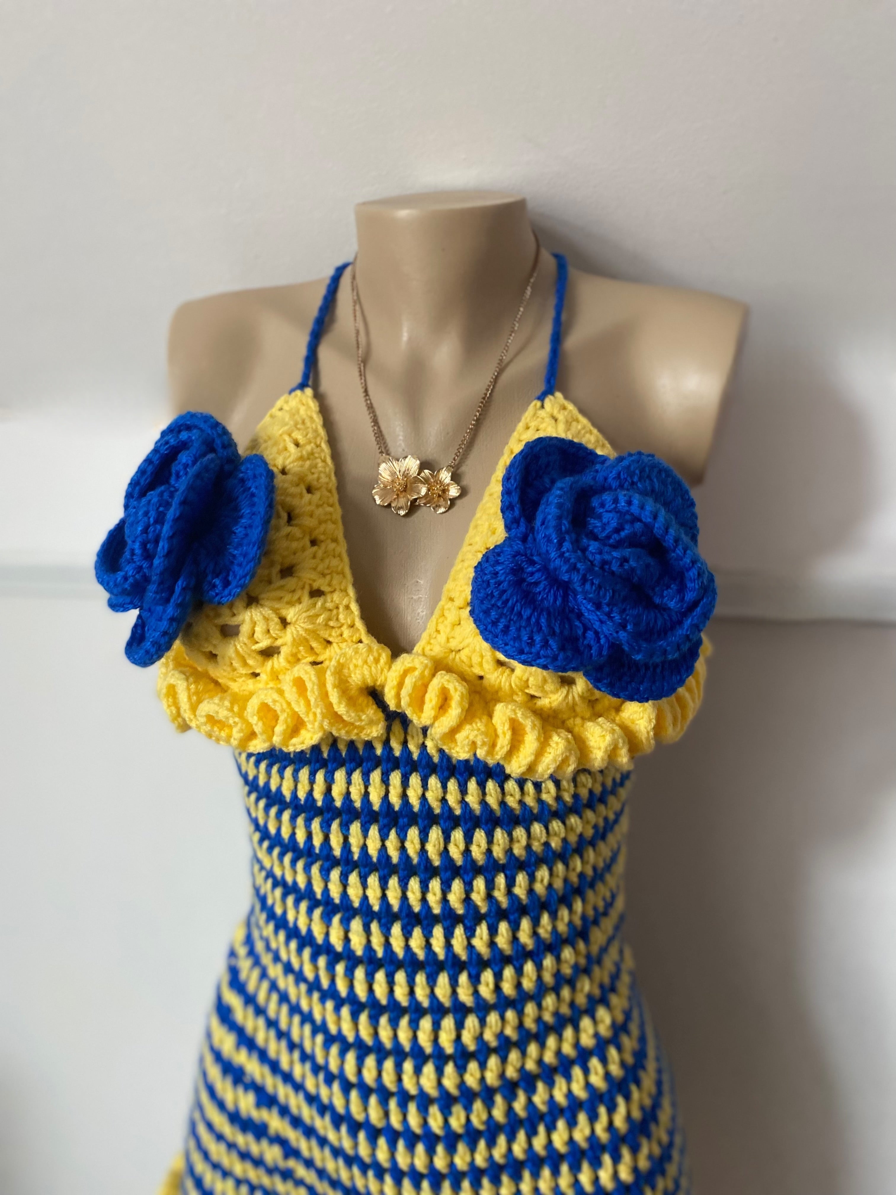 Blue & Yellow Crochet Floral Summer Playsuit