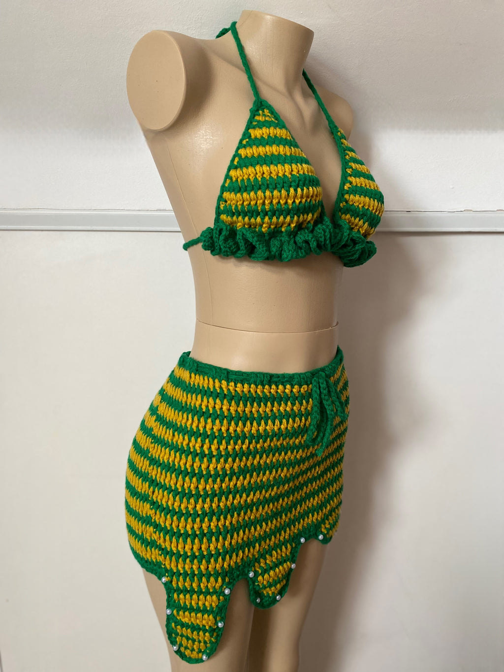 Green & Yellow Bikini Top, Mini Skirt & Flower Headband Set