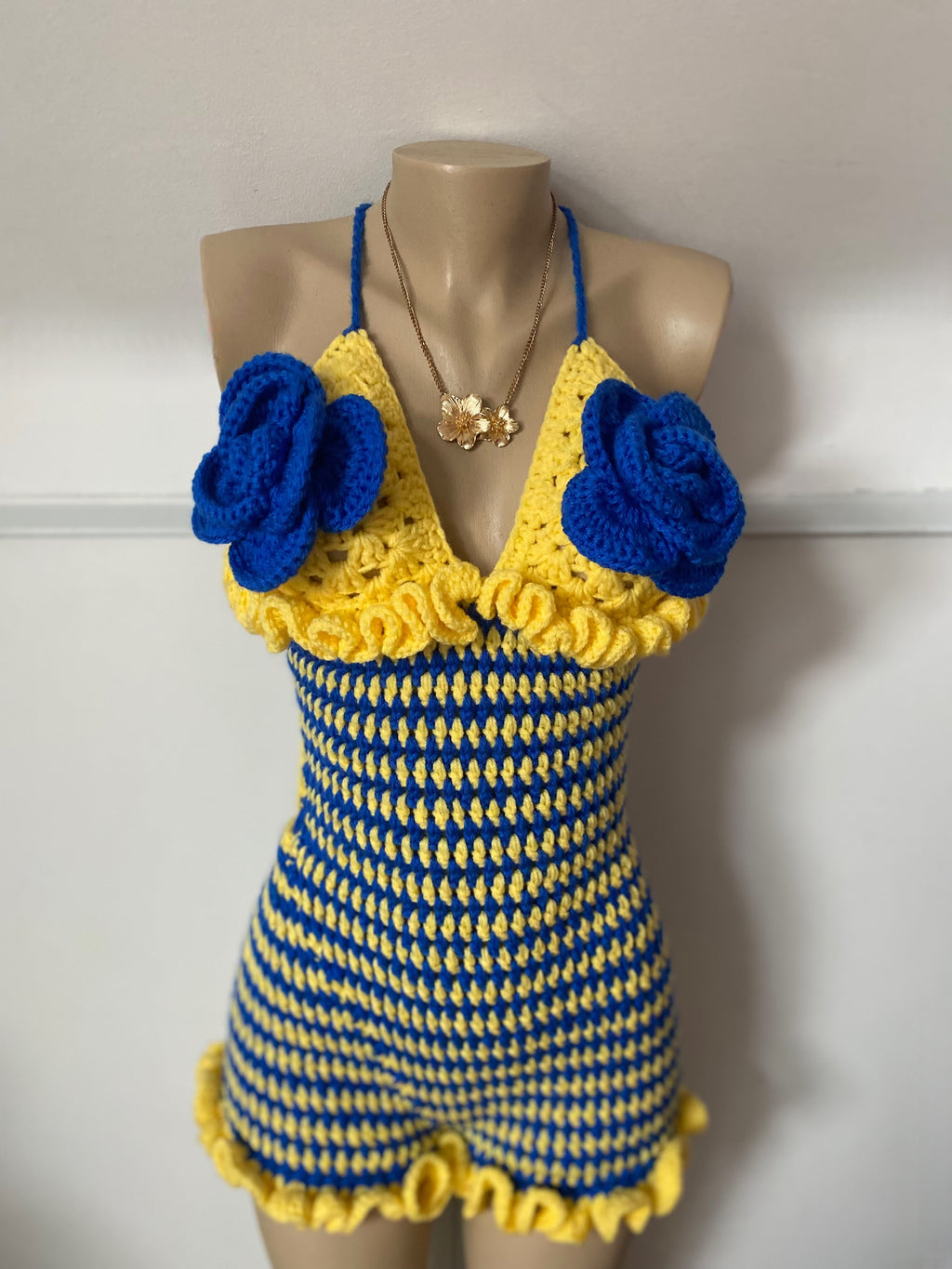 Blue & Yellow Crochet Floral Summer Playsuit