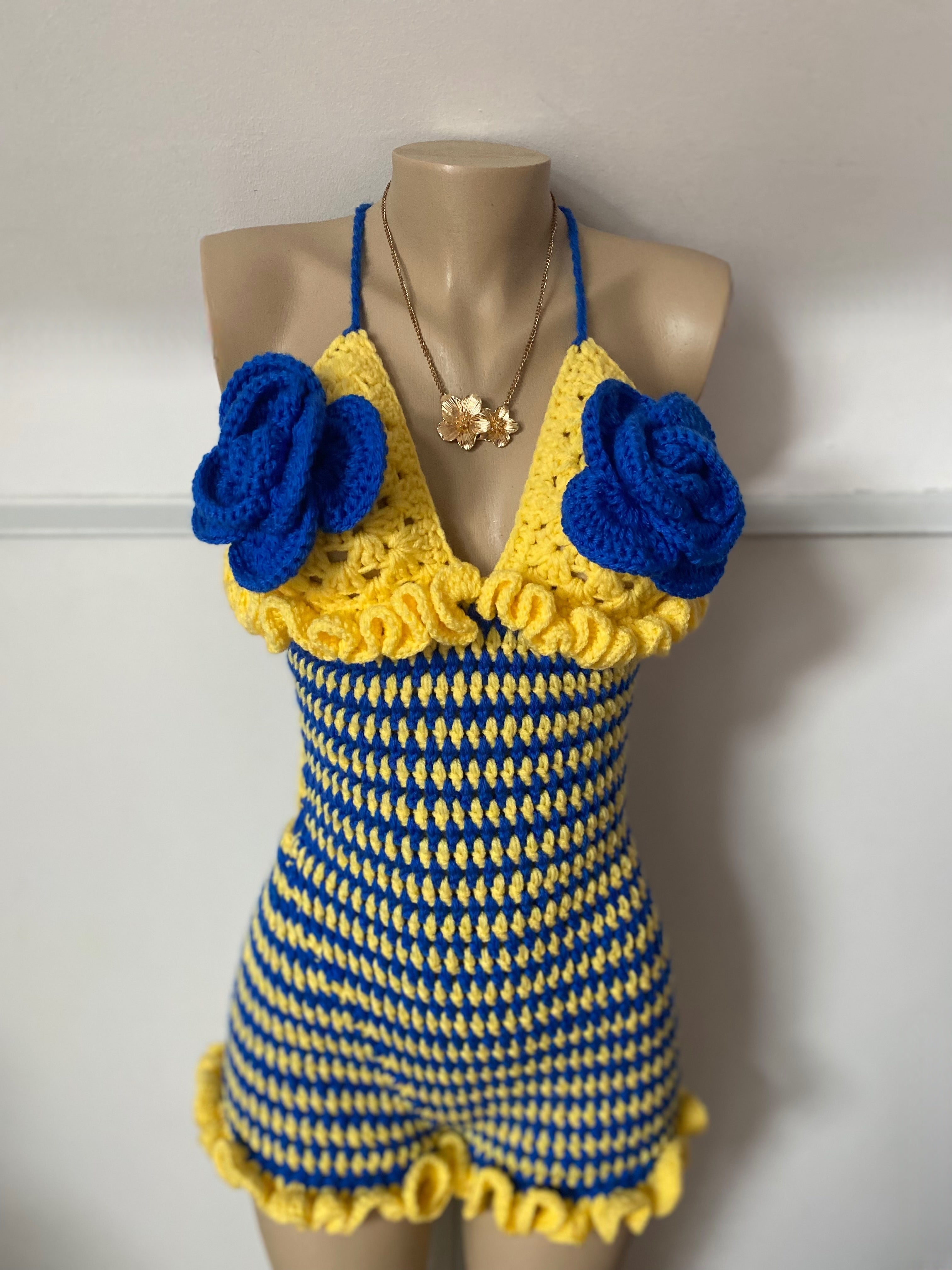 Blue & Yellow Crochet Floral Summer Playsuit