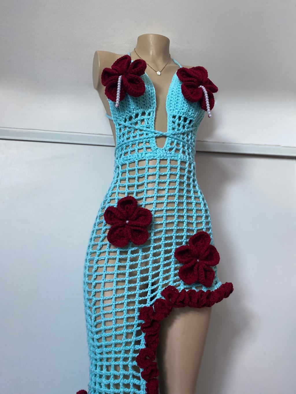 Blue Bloom Asymmetrical Crochet Dress