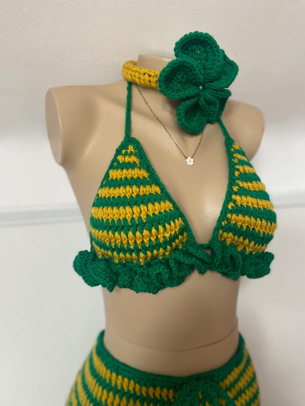 Green & Yellow Bikini Top, Mini Skirt & Flower Headband Set