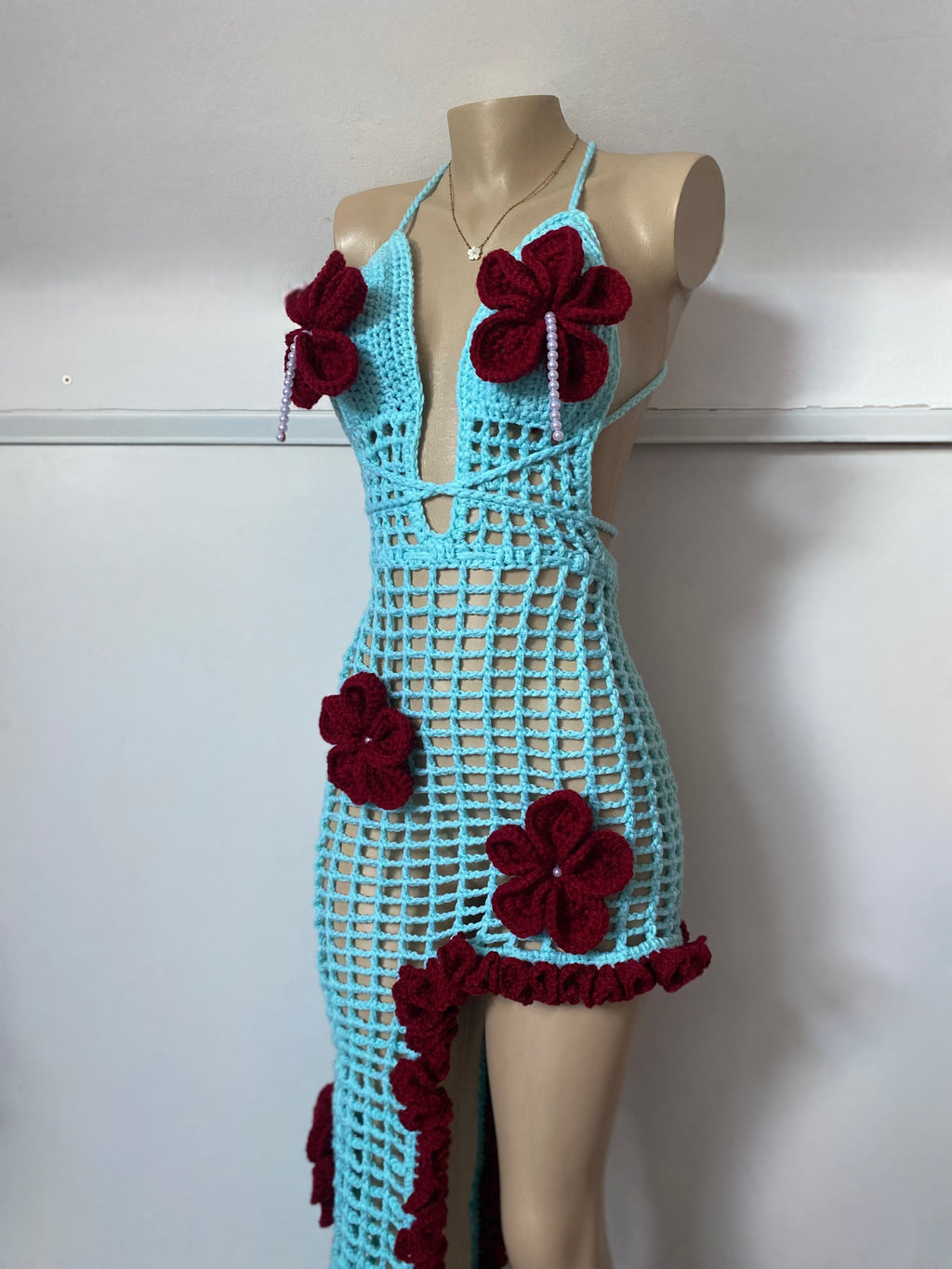 Blue Bloom Asymmetrical Crochet Dress