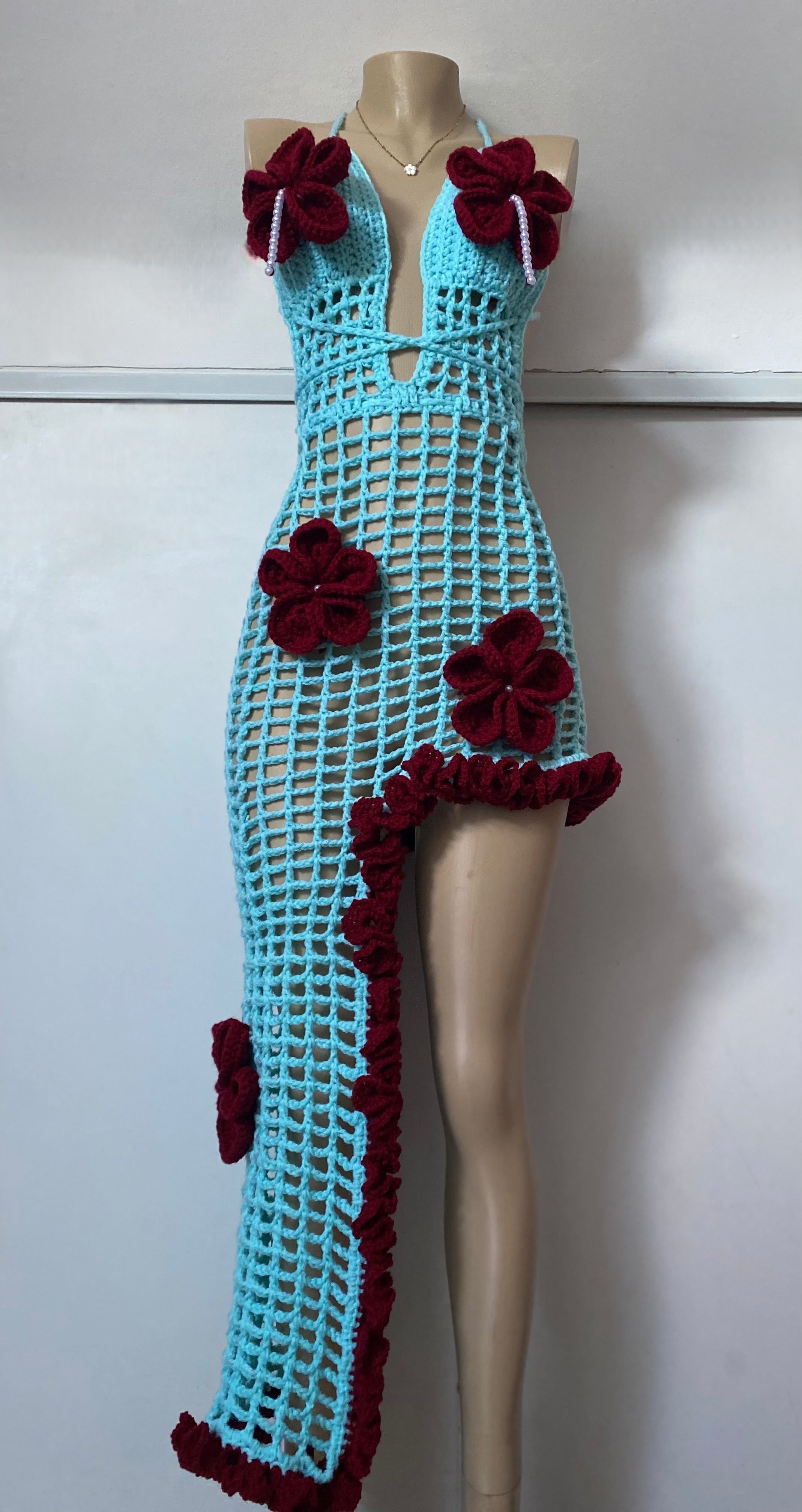 Blue Bloom Asymmetrical Crochet Dress