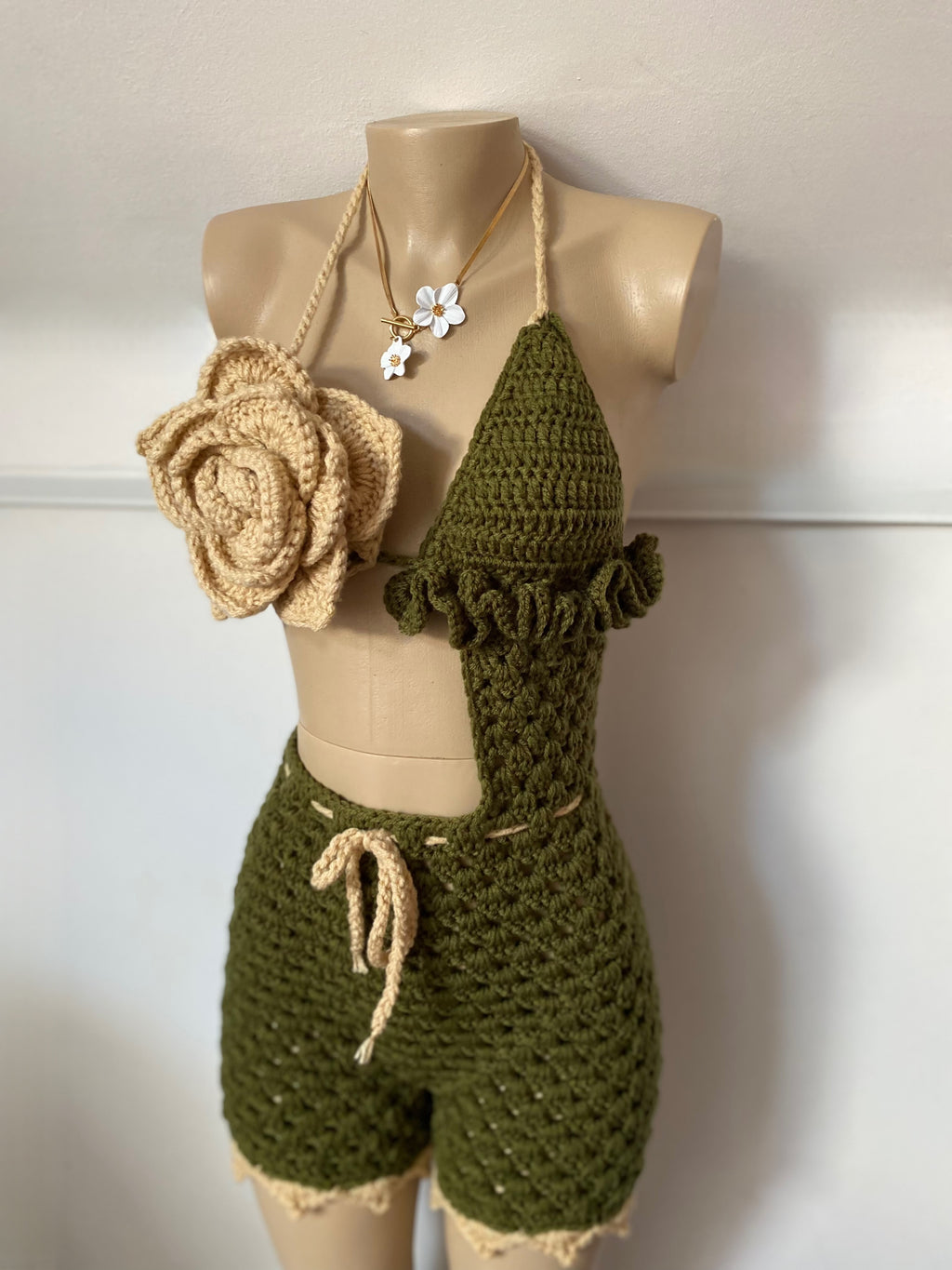 Olive Blossom Crochet Playsuit