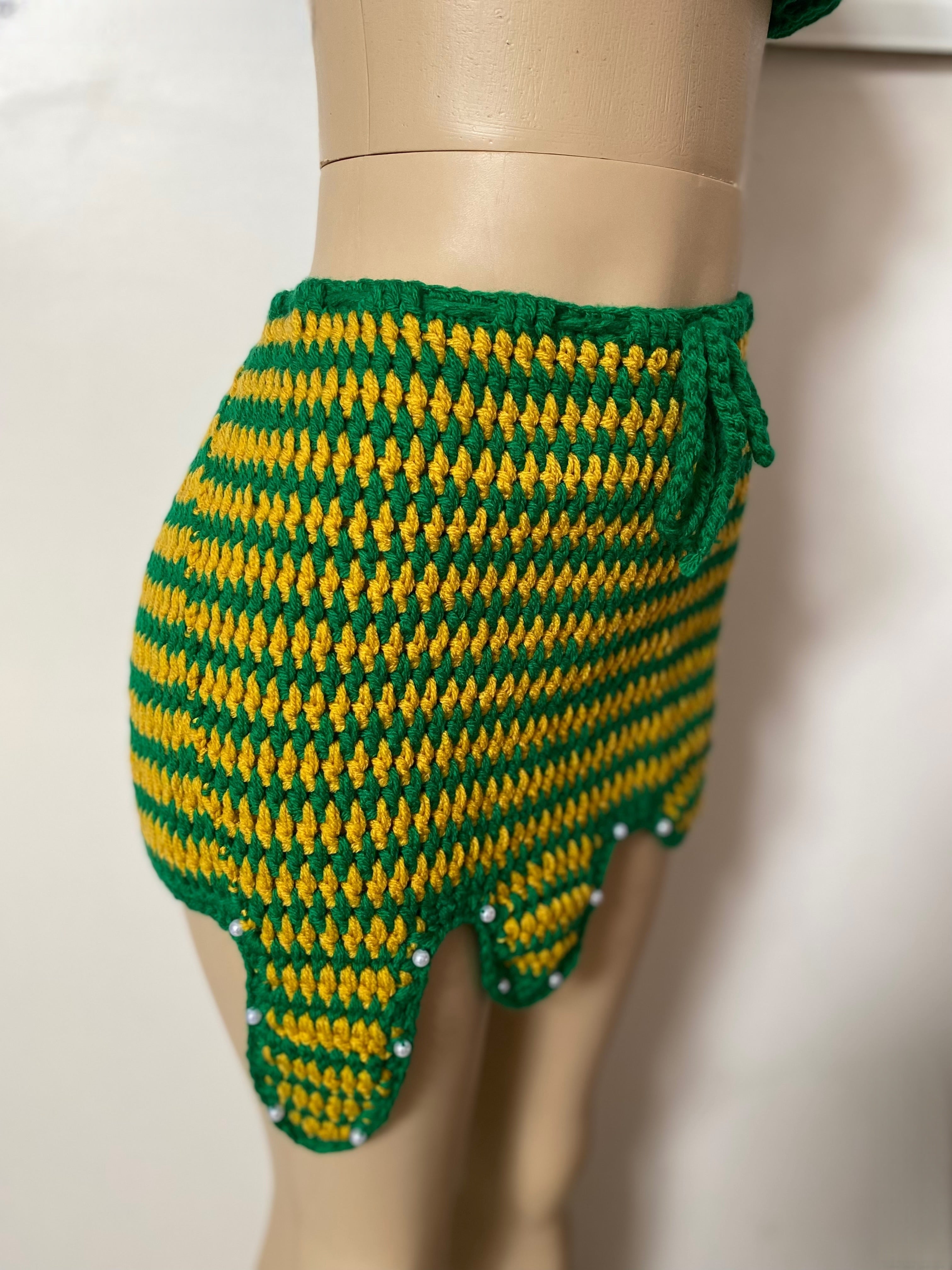 Green & Yellow Bikini Top, Mini Skirt & Flower Headband Set