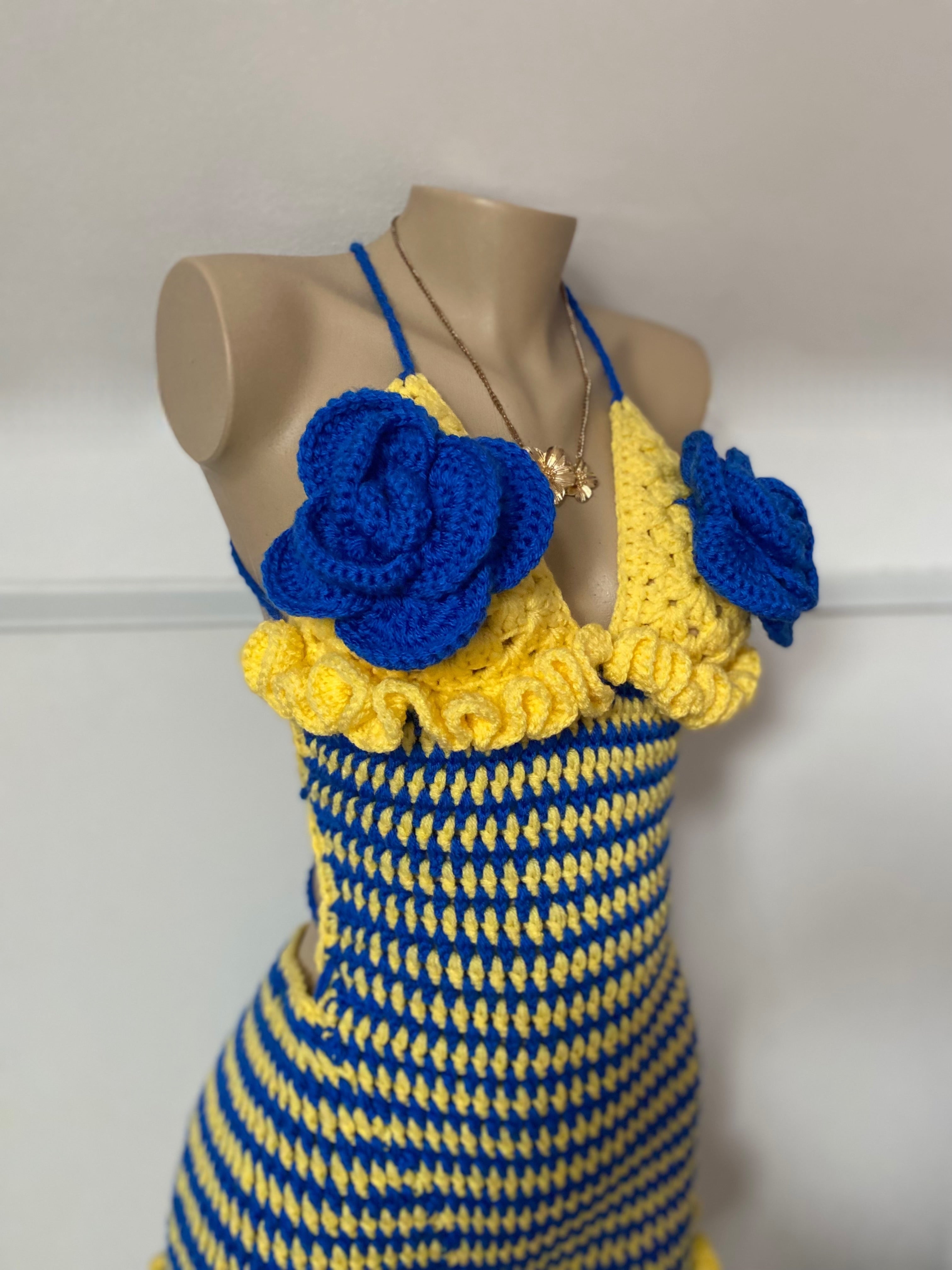 Blue & Yellow Crochet Floral Summer Playsuit