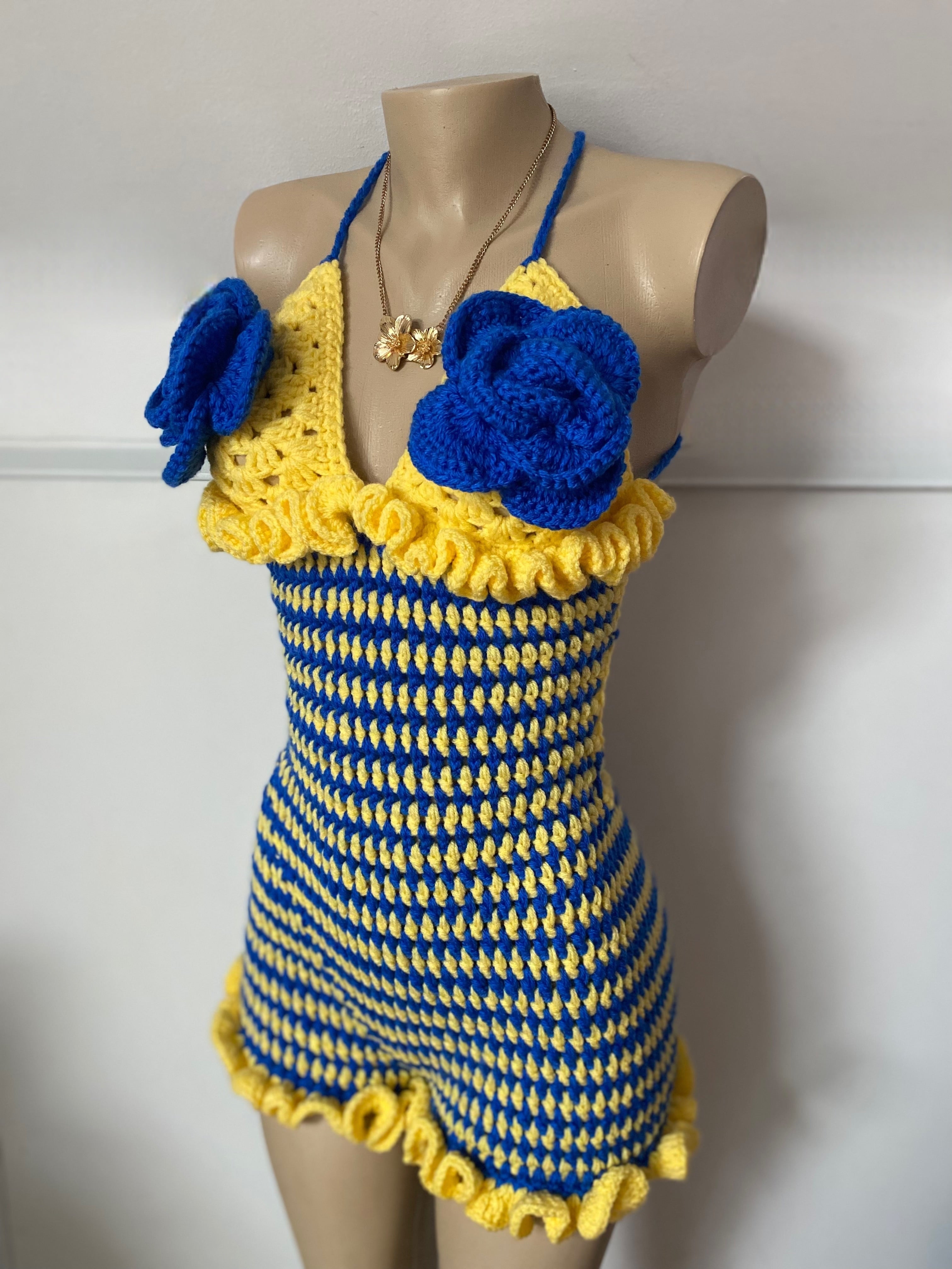 Blue & Yellow Crochet Floral Summer Playsuit