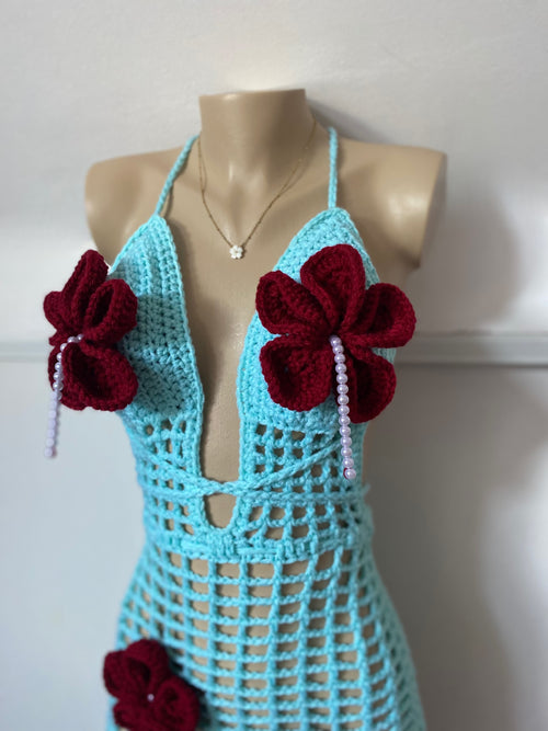 Blue Bloom Asymmetrical Crochet Dress