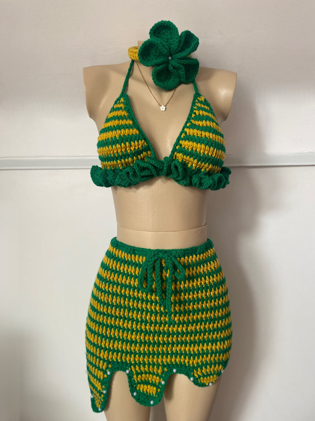 Green & Yellow Bikini Top, Mini Skirt & Flower Headband Set