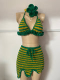 Green & Yellow Bikini Top, Mini Skirt & Flower Headband Set