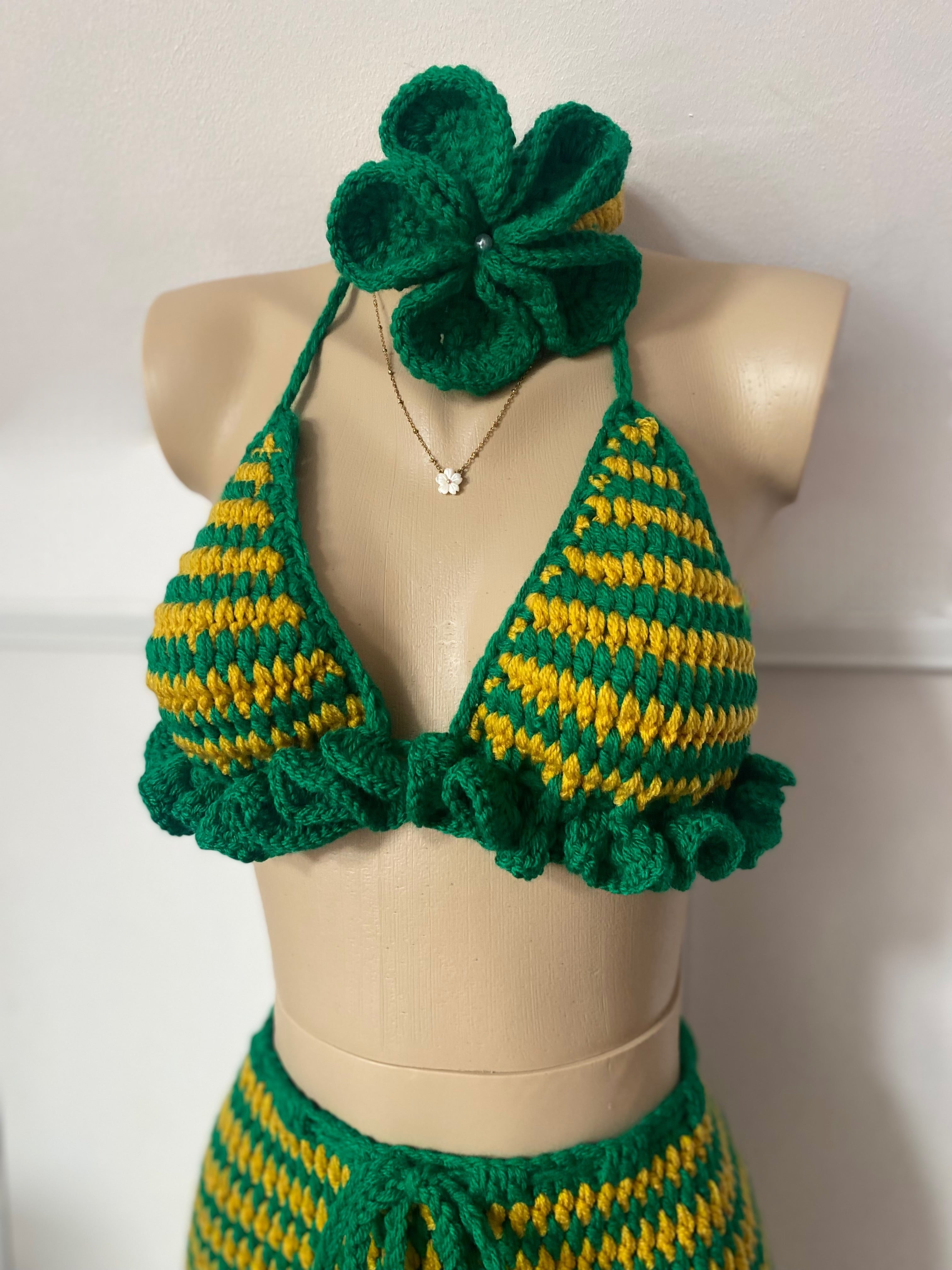 Green & Yellow Bikini Top, Mini Skirt & Flower Headband Set