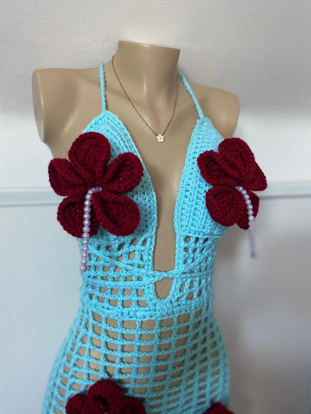 Blue Bloom Asymmetrical Crochet Dress