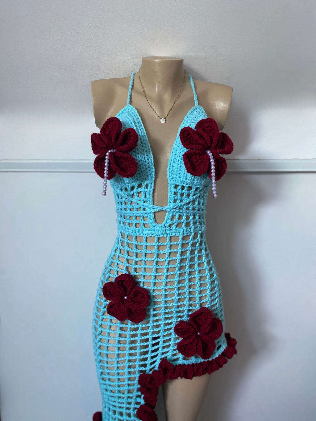 Blue Bloom Asymmetrical Crochet Dress