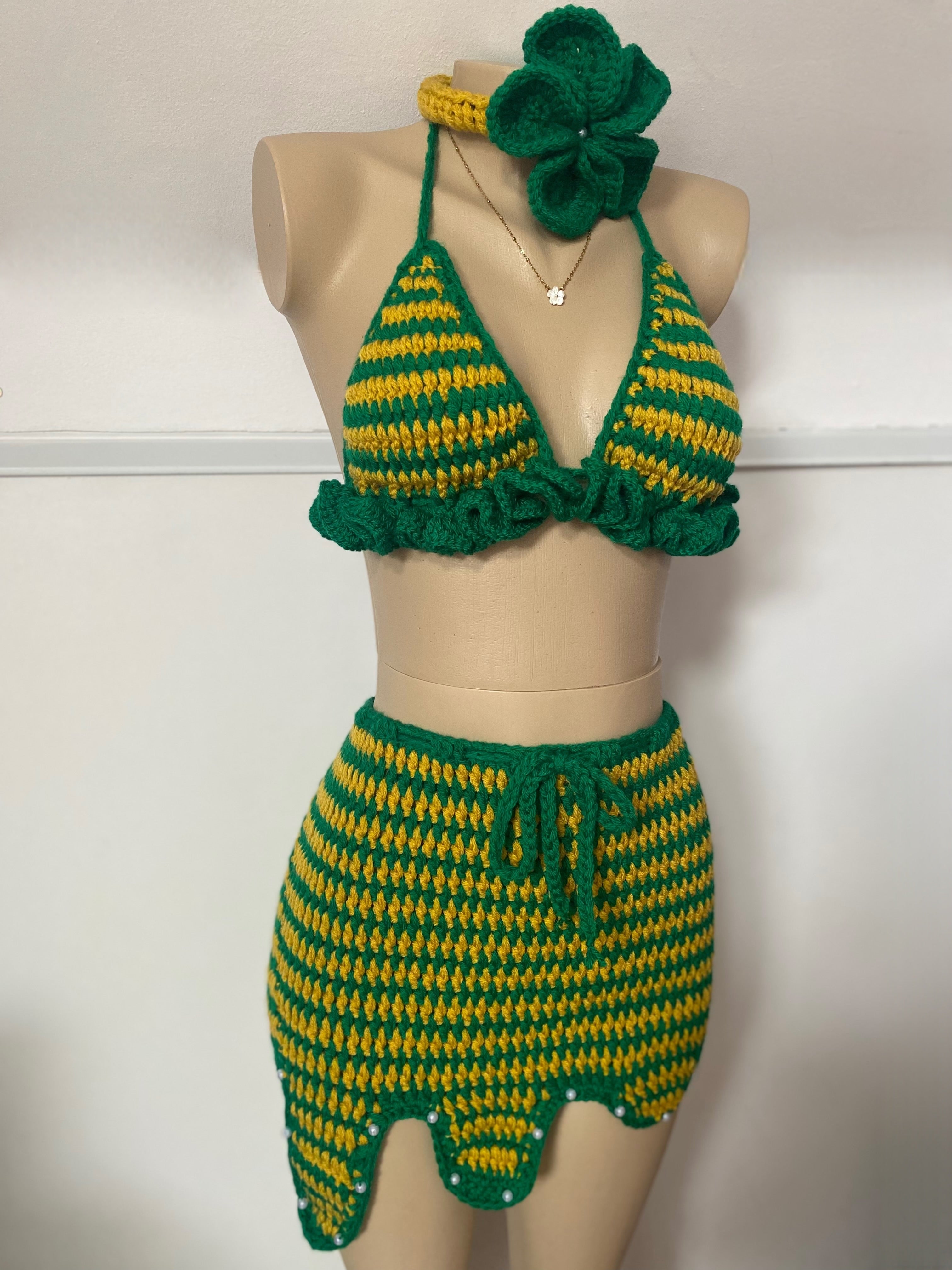 Green & Yellow Bikini Top, Mini Skirt & Flower Headband Set